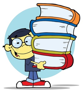 Education Clipart Image - An Asian Boy Carrying a Large Stack of ...