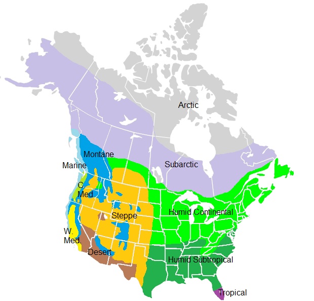 Climate regions of North America (beaches, map, humid) - General ...
