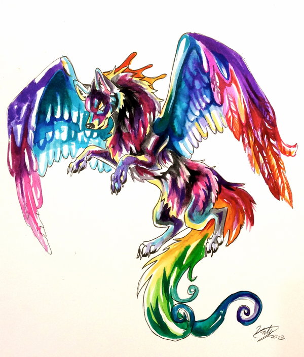 Colorful Wolf With Wings Tattoo Design By Katy Lipscomb