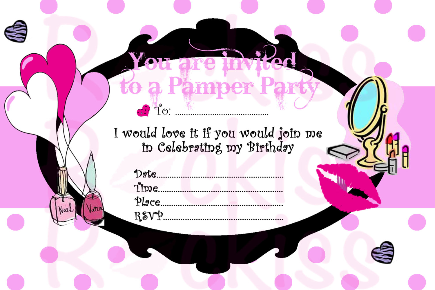 Pamper party, Party invitations and Kiss