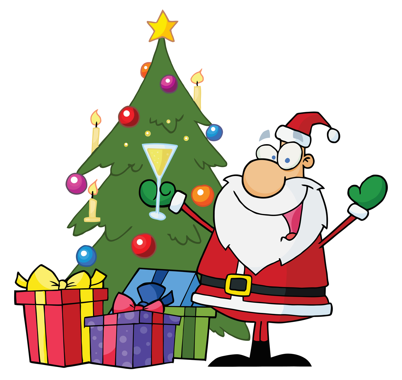 Cartoon Christmas Tree with Gifts and Santa