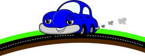 Compact Clipart Image - A blue cartoon car driving on an empty road