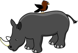 Rhino Clipart Image - Cartoon Rhinoceros with a Bird on Her Back