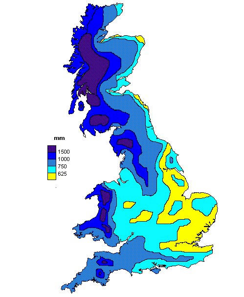Annual precipitation map of the United Kingdom of Great Britain