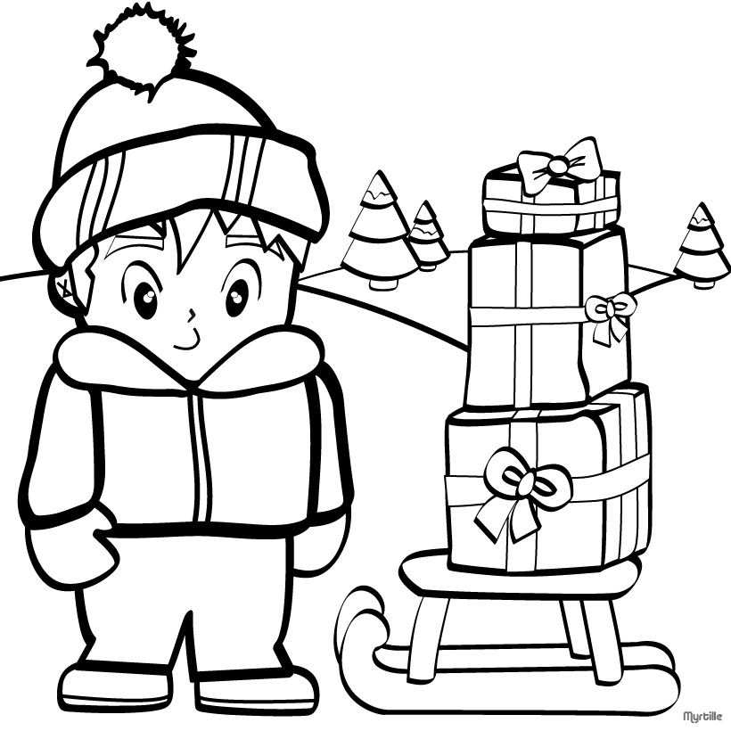 CHRISTMAS GIFT coloring pages - Boy collecting Christmas presents