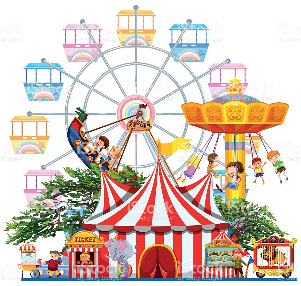 Amusement Park Scene With Many Rides stock vector art 509311068 ...