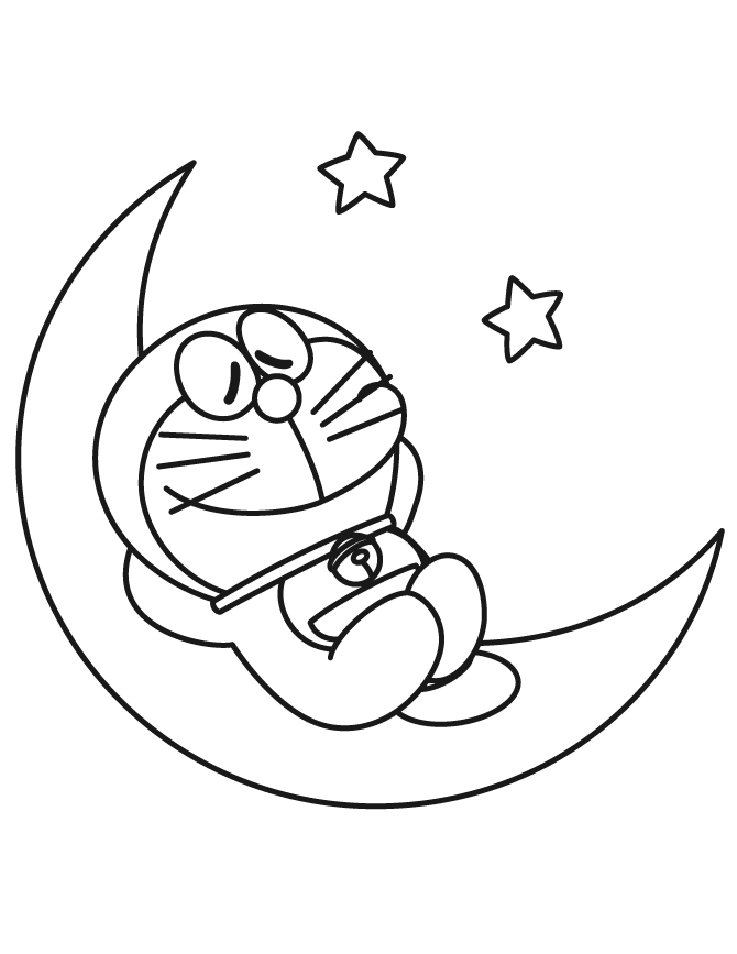 Doraemon Sleeps On Half Moon With Stars Coloring Page | Free ...