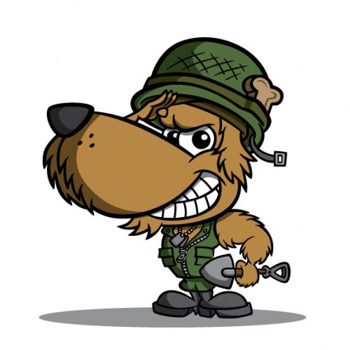 Soldier dog cartoon character design for 'Private Piles' mascot & logo