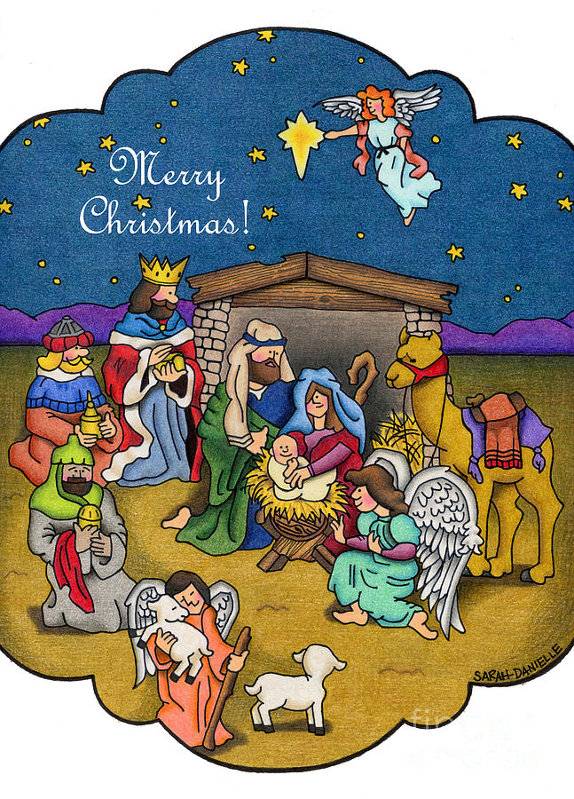 A Nativity Scene- Merry Christmas Cards Drawing by Sarah Batalka