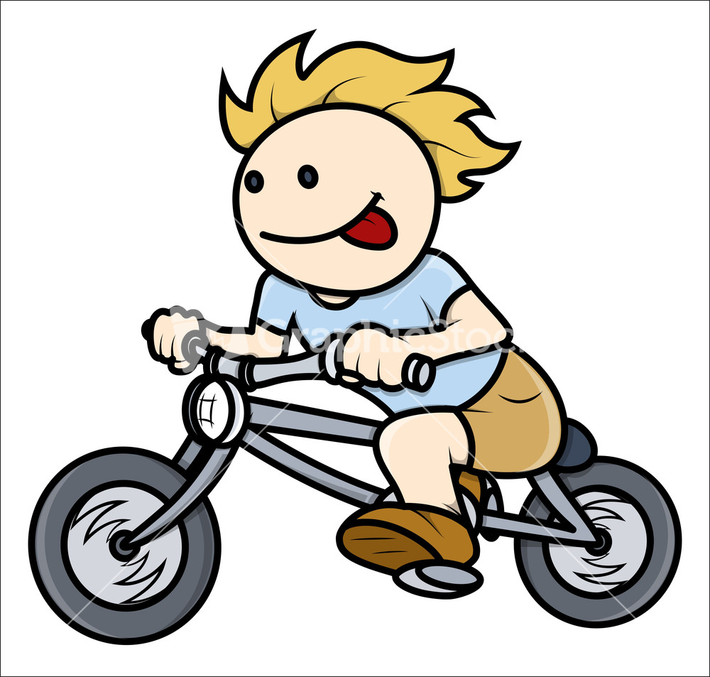 Boy Riding On Bike - Vector Cartoon Illustration