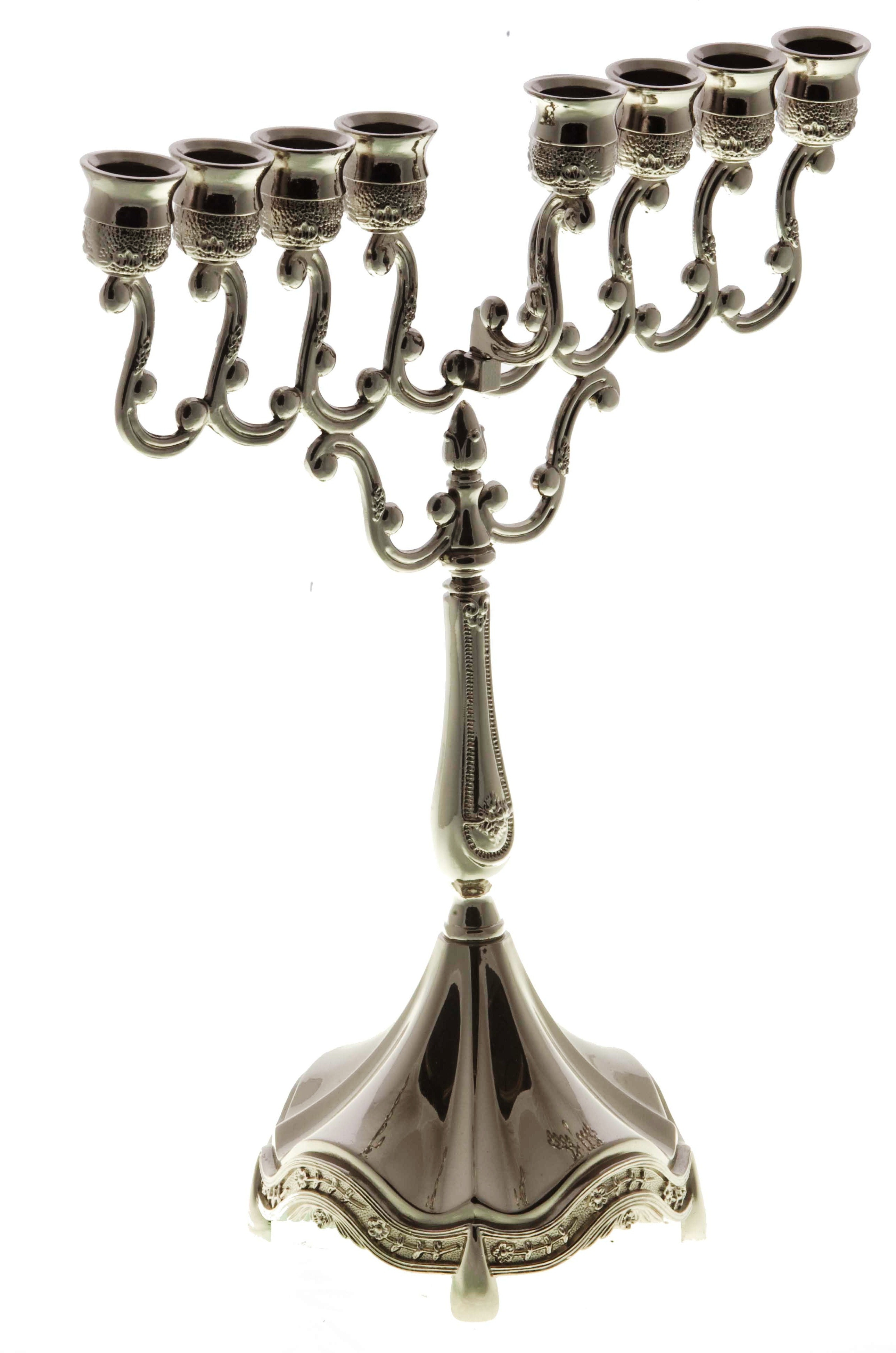Nickel Hanukkah Menorah with Floral Pattern and Branched Design