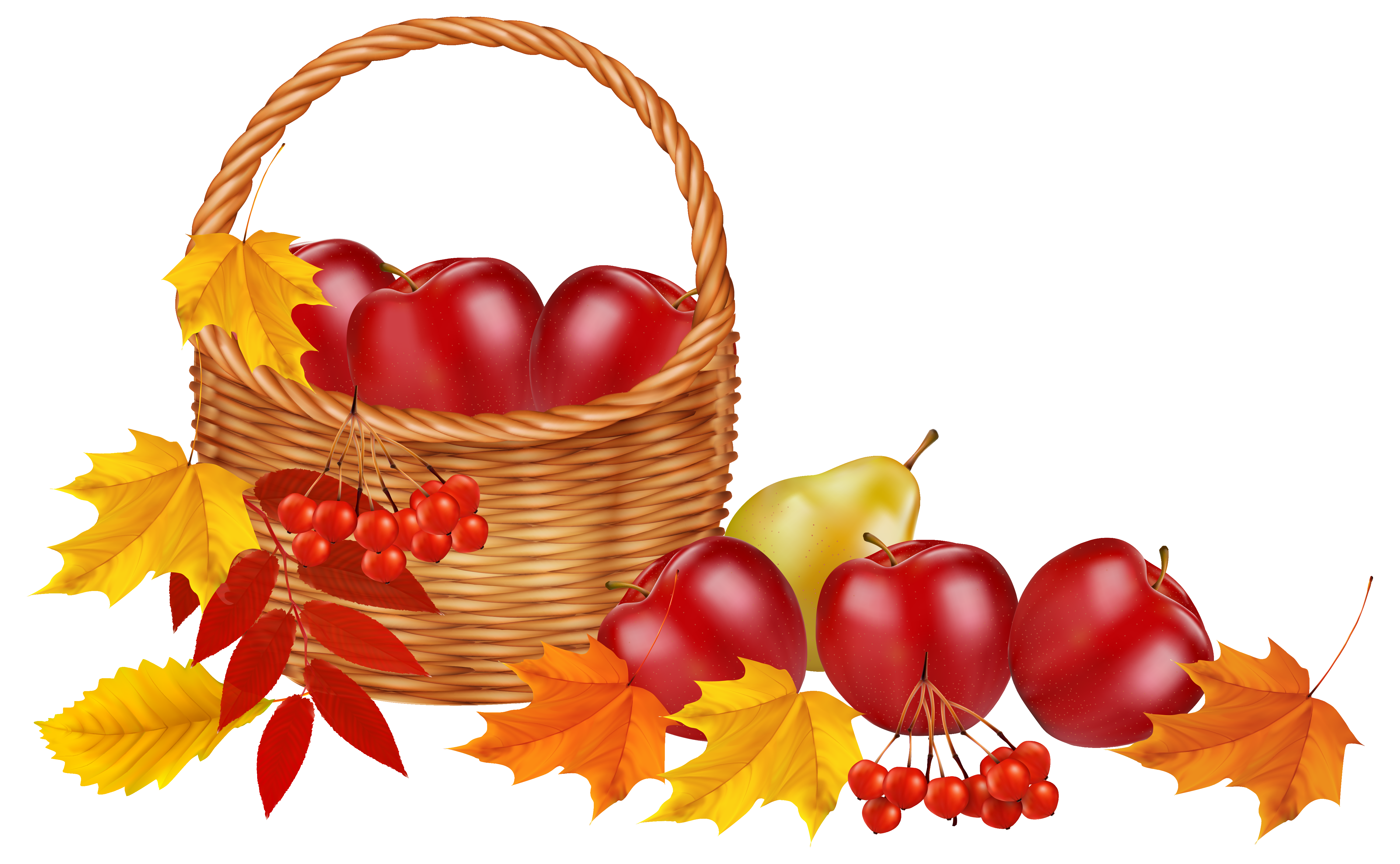 Basket with fruits and Autumn Leaves PNG Clipart Image