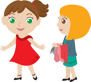 Shopping Clipart Image - Two female friends trying on clothes ...