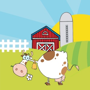 Daisy Clipart Image - A cow grazing on flowers in front of a red ...