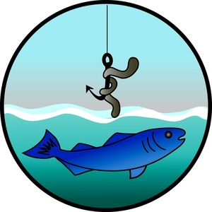 Fishing Clipart Image - Fish in the Water with a Worm Hanging Over Him