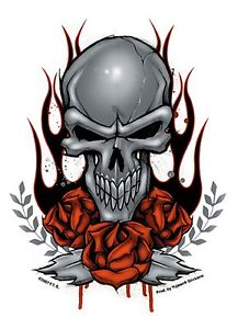 Flame Skull Sticker 4.75&#034;x 6&#034; Silver skull and red rose ...