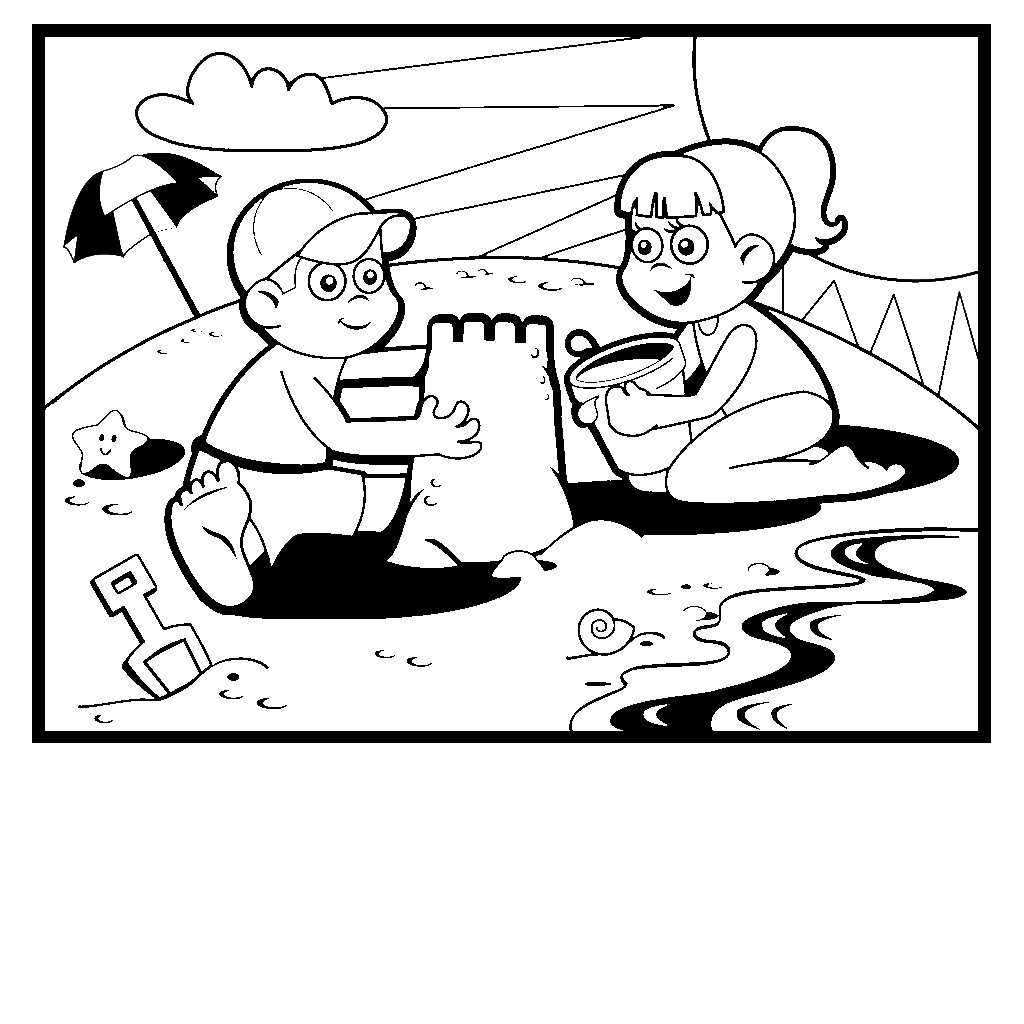 Kids building a Sand Castle Coloring Page - FamilyIgloo