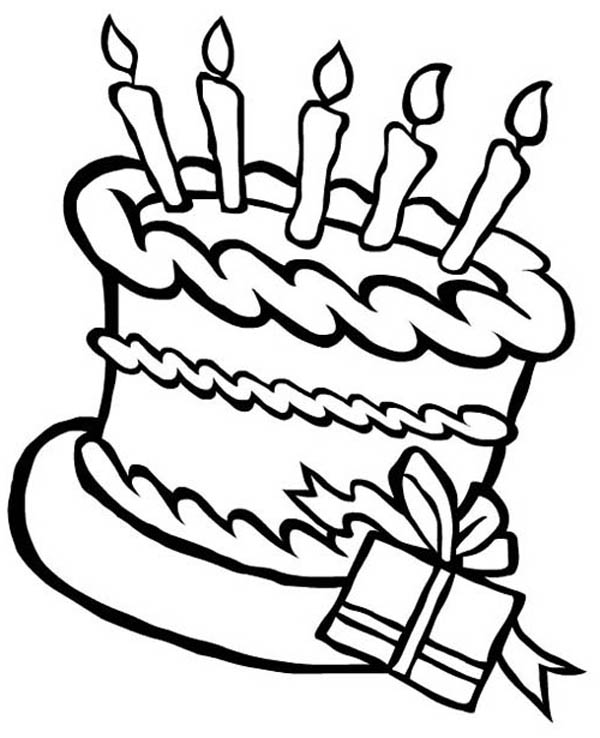 Happy Birthday Cake and a Present Coloring Page | Color Luna