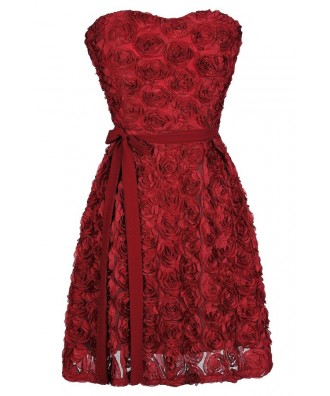 Lily Boutique Burgundy Rose Strapless Dress, Red Rose Strapless ...