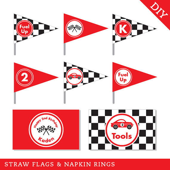 Race Car Party - Personalized DIY printable straw flags and napkin ...