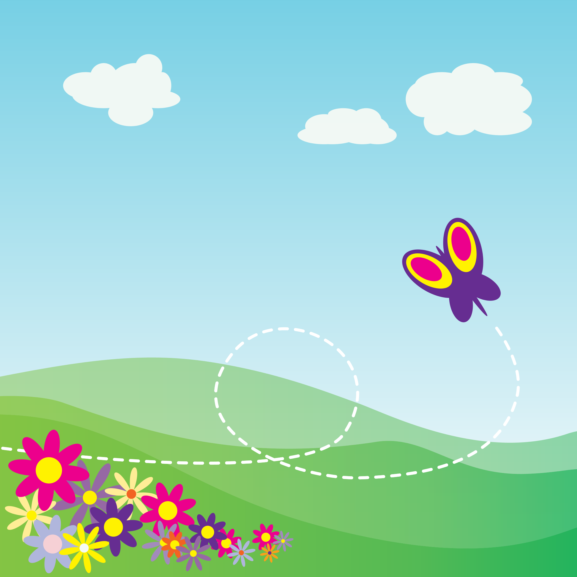 studiofibonacci cartoon hillside with butterfly and flowers PNG 