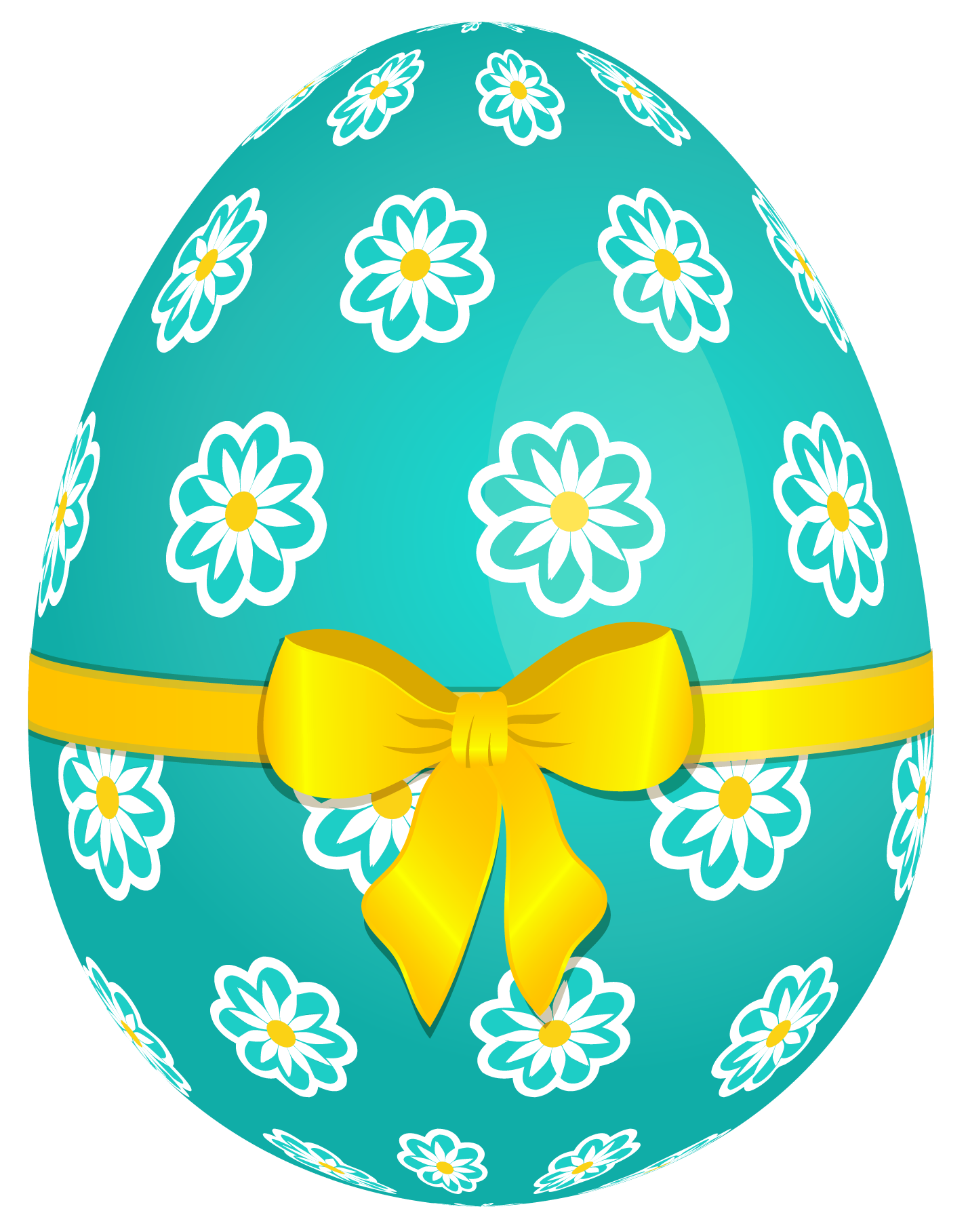 Sky Blue Easter Egg with Flowers and Yellow Bow PNG Picture