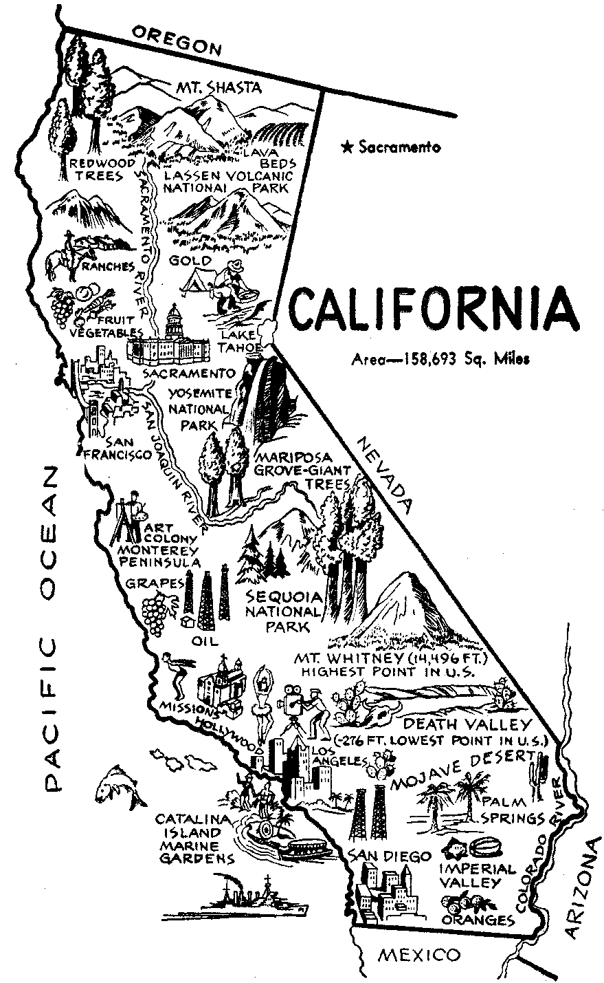 California illustrated landmark map