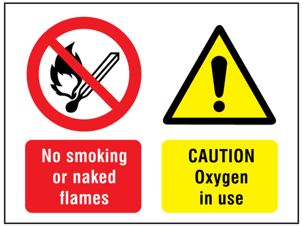 No smoking or naked flames, Caution oxygen in use safety sign ...