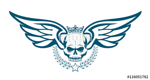 Vector monochrome tattoo or logo with crowned skull, wings, laurel ...