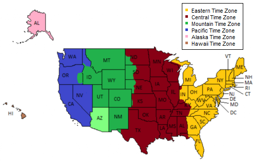 USA Time Zones, Map -- Timebie