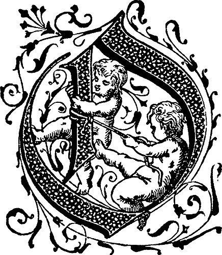 Decorative initial letter O with cherubs [image 436x501 pixels]