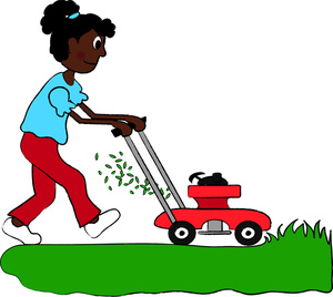 Chores Clipart Image - African American Girl Mowing the Lawn
