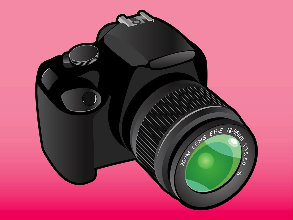 Vector icon of a photo camera. Cartoon illustration style, shiny lens and thick dark outline on the.