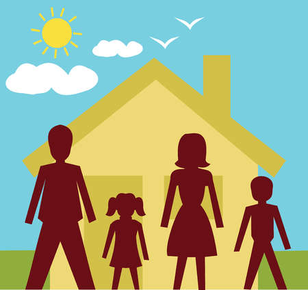 Stock Illustration - Front view of family standing in front of a house
