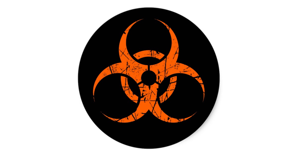 Scratched Orange Biohazard Symbol on Black Classic Round Sticker ...