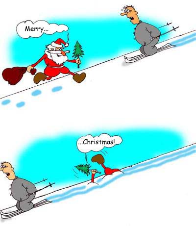 Funny Santa, skier and Christmas tree. Funny cartoon of Santa injured