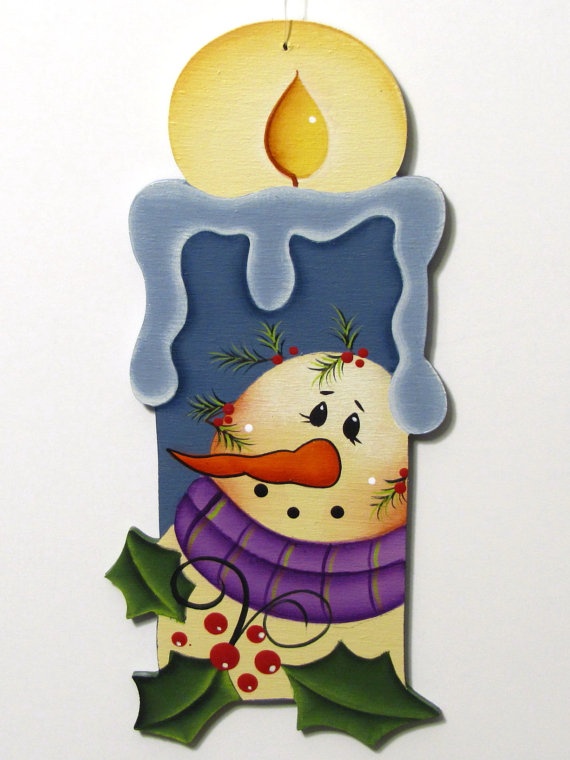 Snowman with Purple Scarf on Candle Shaped Ornament, Handpainted Wood