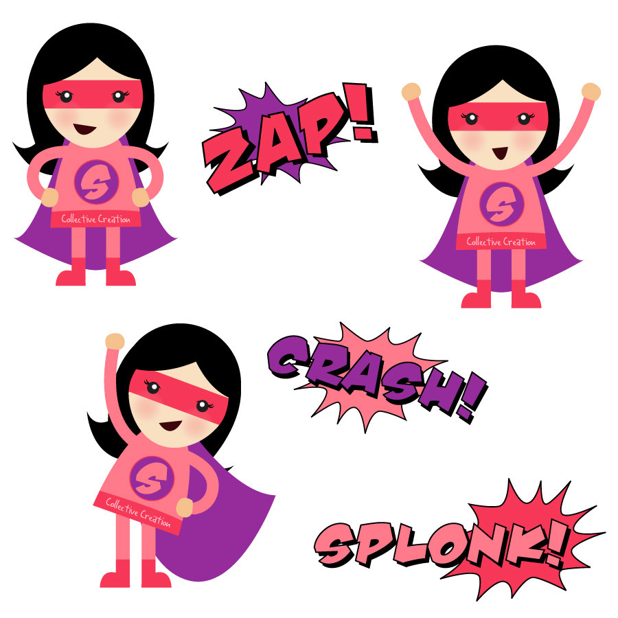 Girl Superhero Digital Clipart Set - Personal and Commercial Use - Scrapbooking, Cards, Invitations, Paper Crafts etc