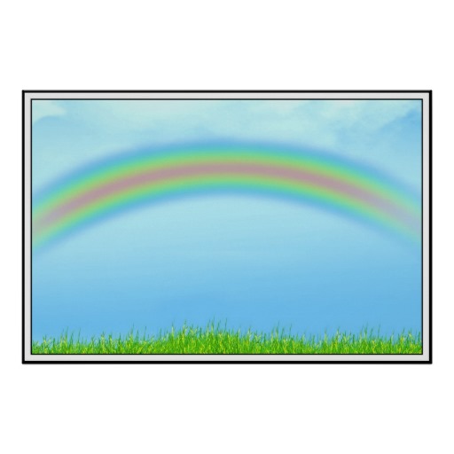 Green Grass, Rainbow & Blue Sky Background Print from Zazzle.