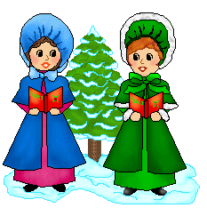 Christmas clip art of Victorian ladies singing by snow covered pines