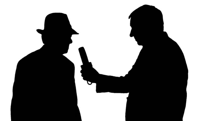 Silhouette Of Two Man. A Male Reporter Interviews A Man On Black ...