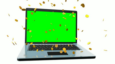 Gold coins flying out from a laptop computer. - 4183097 ...