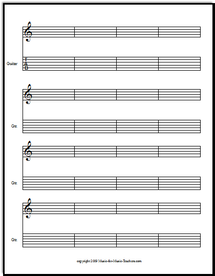 Free Guitar Tablature Paper for Teachers, Downloadable and Printable