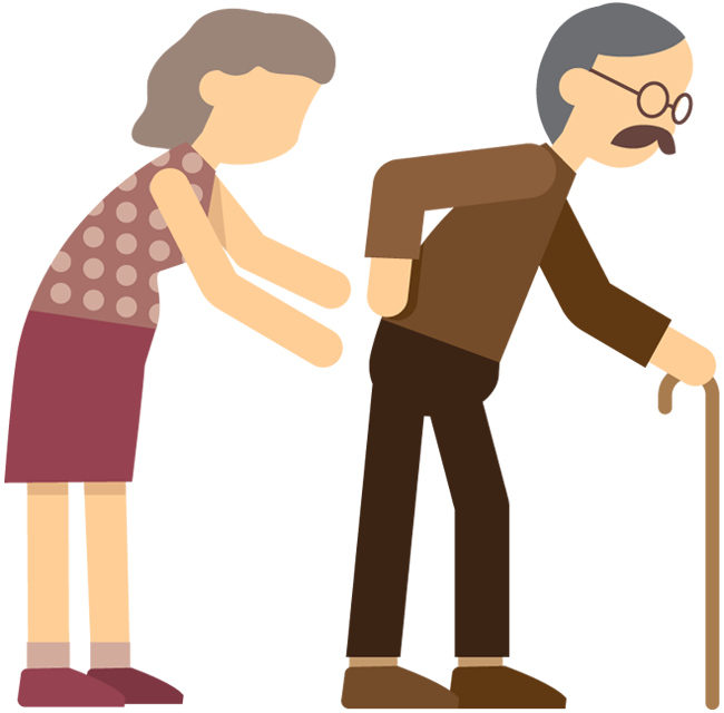 Cartoon old woman supporting old man with cane walking | 1designshop