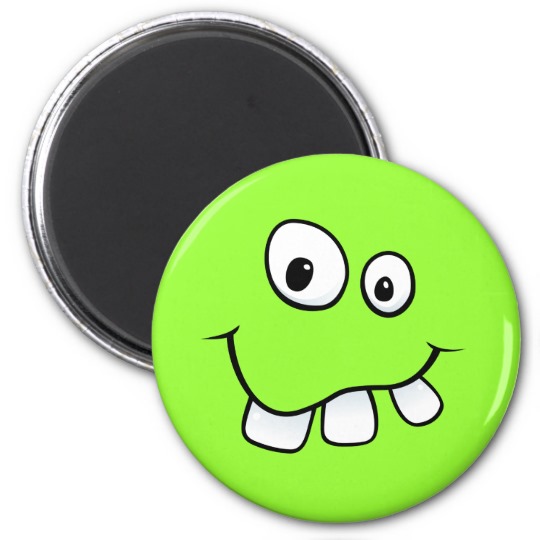 Funny goofy smiley face with big teeth, green 2 inch round magnet ...