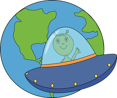 Earth Clip Art Image Green Alien Flying A Ufo Around Planet Earth ...