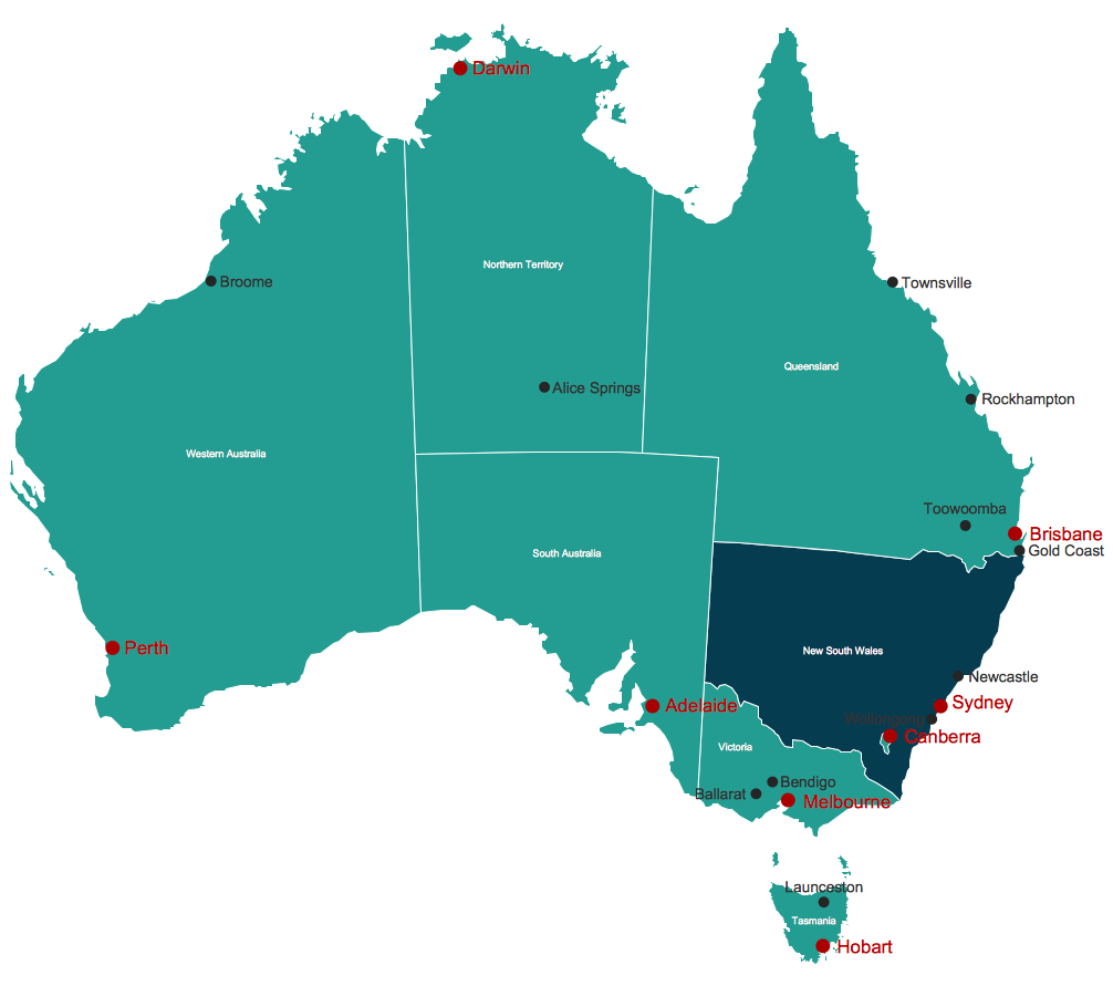 Australia map with cities - Template | Australia map - Template ...