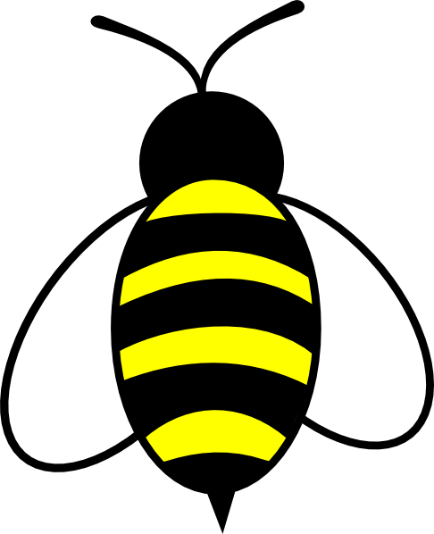 A cartoon picture of a yellow and black bee with see-through wings.