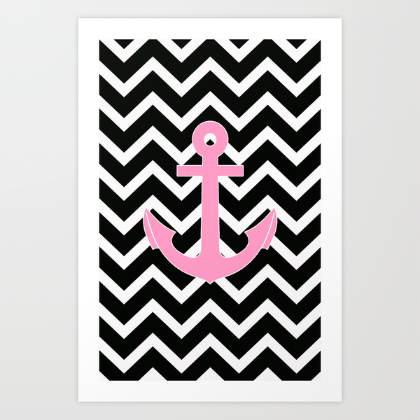 Pink Anchor Black Chevron Zigzag Pattern Art Print by RexLambo ...