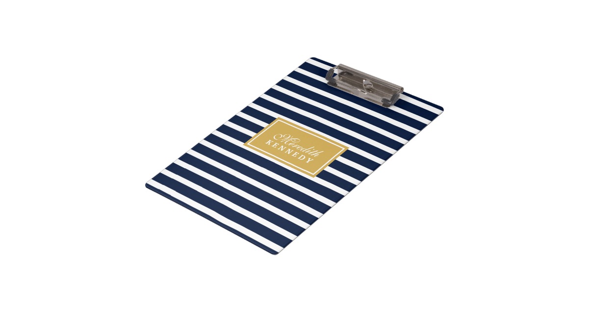 White Navy Stripe Pattern Gold Name Template Clipboard | Zazzle